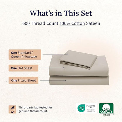 California Design Den Twin XL Sheets Set - Luxury 600 Thread Count Sateen, Natural 100% Cotton Bed Sheets Twin XL, Fully Elasticized Deep Pockets, Cool and Durable Bedding for Dorm Room - Soft Linen
