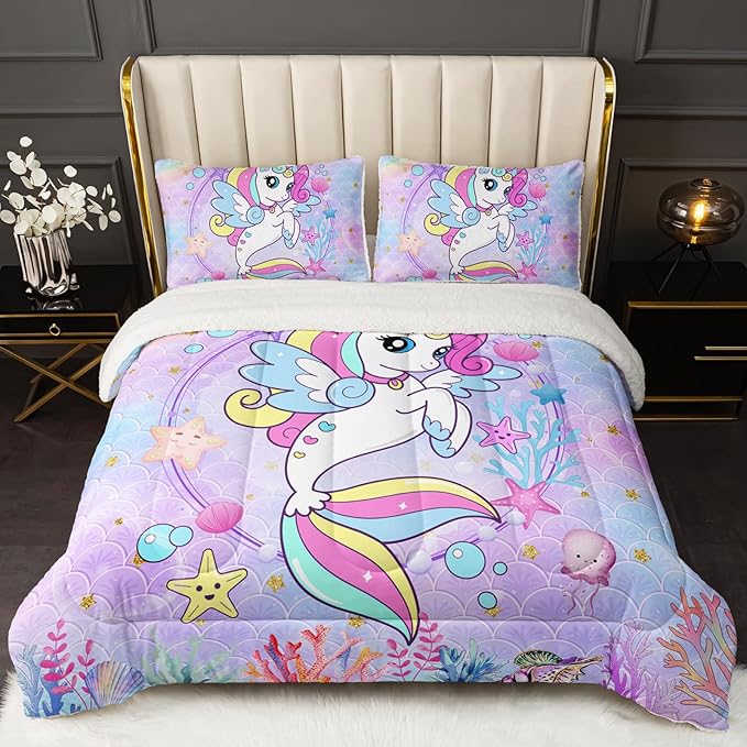 QOOMO Unicorn Sherpa Comforter Set for Girls, Marine Life Soft All Season Down Alternative Bedding Sets, Ultra-Soft Sherpa Full/Queen Comforter Set 3 Piece (1 Comforter and 2 Pillow Shams)