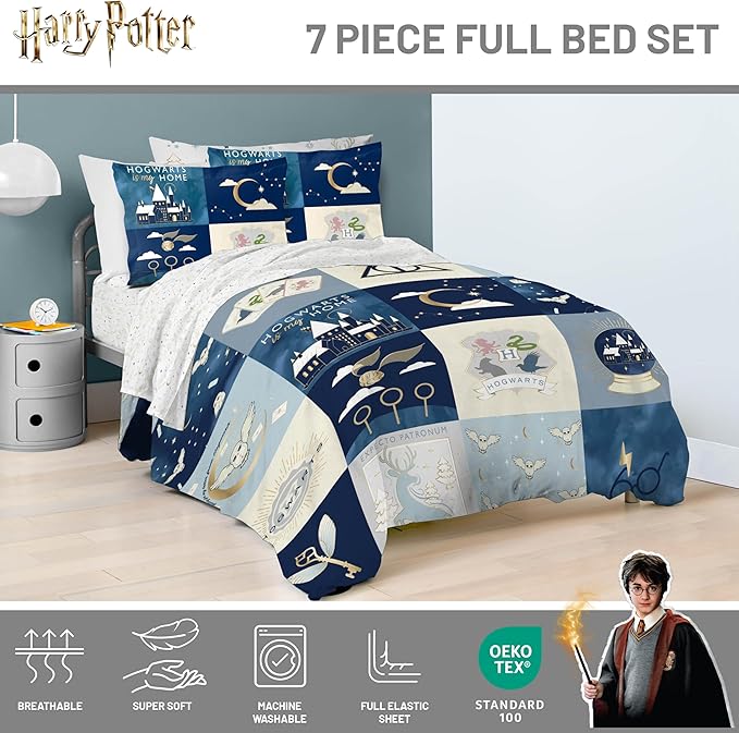 Jay Franco Kids Comforter Set Includes Sheets and Pillow Covers - Soft and Cozy Bed Set for Stylish Room Decor, Multi - Harry Potter, 7 Piece Full Size Bedding