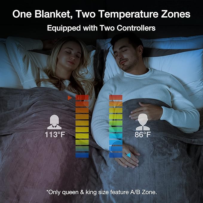 WOOMER Heated Blanket Queen Size Electric Blanket 84"x 90", Soft Flannel Fast Heating, 10 Heating Levels & 0.5-12H Auto Off, Dual Control, Over-Heat Protection, ETL Certification