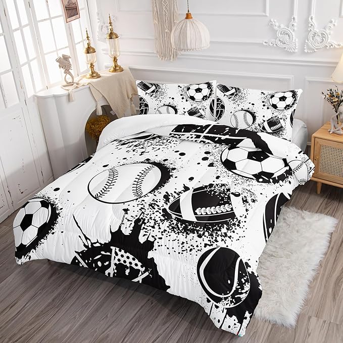 Axolotl Ball Sports Comforter Set King,Football Soccer Bedding for Boys,Football Baseball Game Comforter,Baseball Sport Bedding,Hip Hop Graffiti Artwork Bed Set for Kids Men,1 Quilt 2 Pillowcases