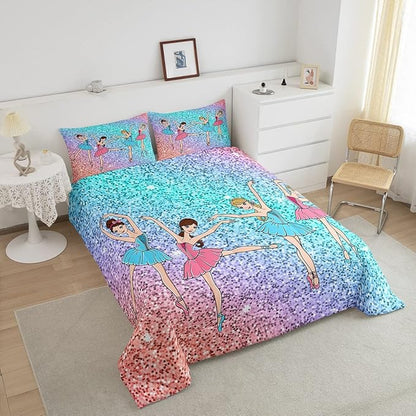 Feelyou Ballet Comforter Set Galaxy Ballet Dance Bedding Set for Kids Boys Girls Women Glitter Graceful Dancer Decor Comforter Dreamy Girly Quilt Set with 2 Pillowcases 3Pcs Bedding Full