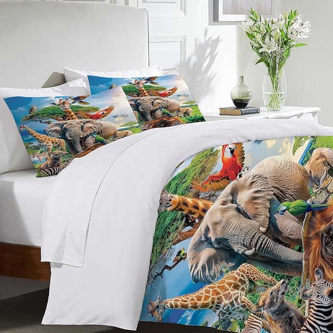 Funny Animals Bedding Set 3 Pieces Soft Lightweight Microfiber Zoo Print Bedspread Coverlet Set Jungle Elephant Giraffe Duvet Cover Twin Full Queen King Comforter Bed Set for Girls Boy Women Men