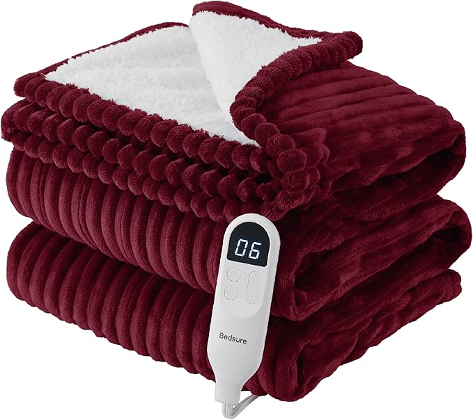 Bedsure GentleSoft Electric Blanket Twin - Soft Ribbed Flannel Heated Blanket, Heating with 10 Time Settings, 6 Heat Settings, and 8 hrs Timer Auto Shut Off, Gifts for Grandma (62x84 inches, Burgundy)