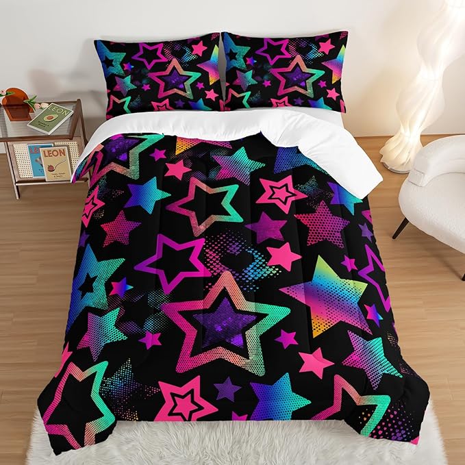 Kawaii Color Star Comforter Set Kids Bedroom Set,Neon Light Star Bedding Twin Size Comforter Sets for Boys Girls Room Decor,Aesthetic Bedding Sets with 2 Pillowcases.