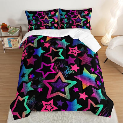 Kawaii Color Star Comforter Set Kids Bedroom Set,Neon Light Star Bedding King Size Comforter Sets for Boys Girls Room Decor,Aesthetic Bedding Sets with 2 Pillowcases.