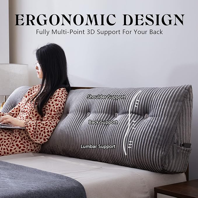 Large Headboard Pillow Headboard Wedge Pillow Bed Rest Reading Pillow Bolster Triangular Pillow for Sitting in Bed-Backrest Positioning Support Long Pillow for Daybed (Twin: 39x8x20 Inches,Grey)