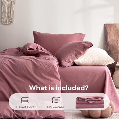 JELLYMONI 100% Washed Cotton Duvet Cover Twin – Soft, Breathable Linen-Look Bedding with Natural Wrinkle Texture, Button Closure, 3-Piece Set (Deep Rose, 68"x90")