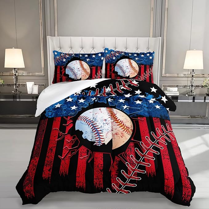 HOSIMA Baseball Comforter Set,Sports Comforter Sets for Boys Kids Teens Bedroom Decor,American Flag Comforter and Baseball Print Bedding Set with 2 Pillowcases,Full Size Comforter Sets.