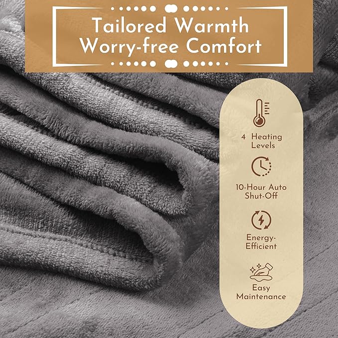Electric Heated Blanket Microplush Cover Blanket, Twin Size 62"x84" with 4 Heat Settings & 10 Hours Auto Off, Cozy & Warm for All Night, Machine Washable, Light Grey