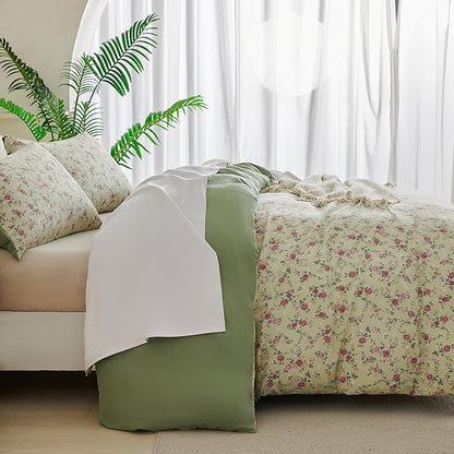 Jane yre Floral King Duvet Cover Soft Brushed Microfiber Crinkle Gauze 3 Pieces Floral Bedding Set for All-Season, Garden Vintage Style Duvet Cover with Zipper Closure, Luxury Breathable Comfy