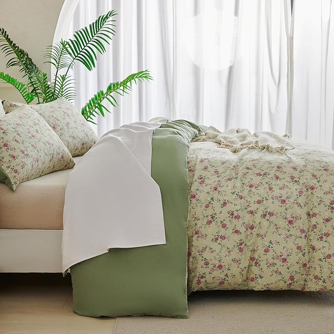 Queen Floral Duvet Cover Luxury Soft Brushed Microfiber Crinkle Gauze Fabric 3 Pieces Bedding Set Flower Pattern Queen Duvet Cover with Zipper Closure Breathable Comfy