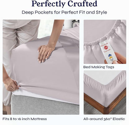 California Design Den Soft 400 Thread Count Natural 100% Cotton Sheets Sateen, King Bed Sheets Set, Deep Pockets, All-Around Elastic for a Snug Fit, Durable Bedding Set - Dusky Lavender Grey