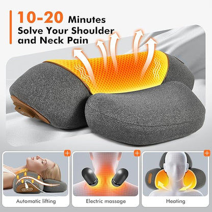Neck Pillow - 3-in-1 Neck Pillow with Battery, Travel Neck Massage Pillow for Shoulder Pain Relief, Deep Tissue Pain Relief with Heat and Stretching, Neck Hump Corrector for Women