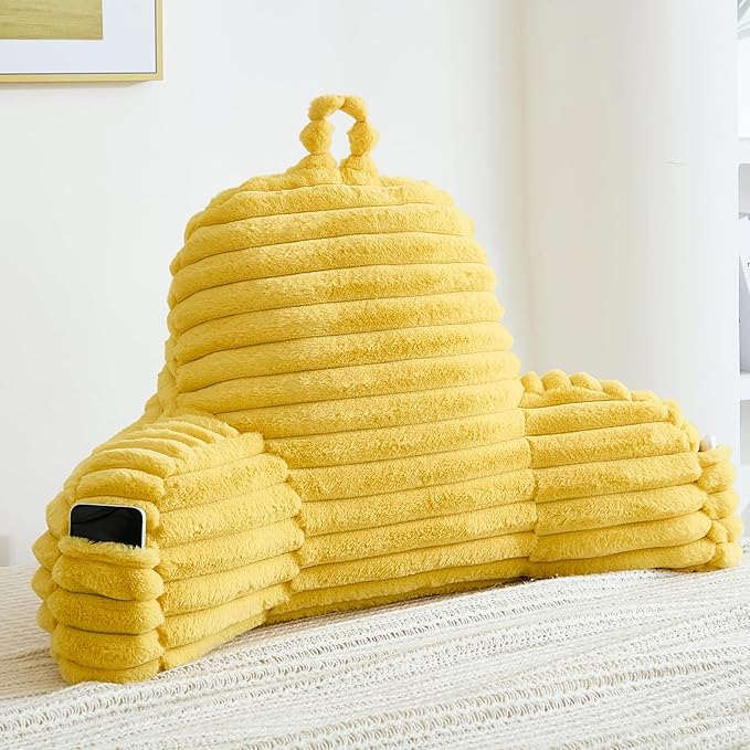 Faux Fur Fluffy Yellow Reading Pillow with Pockets, Luxury Striped Plush Decorative, Arm Rests and Back Support for Bed Rest, Lounging on Sofa, Extra Large Size for Adult.