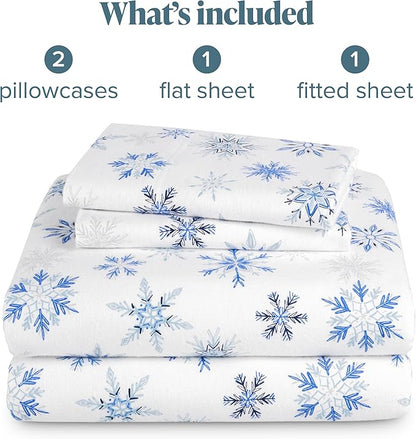 Bare Home Cotton Flannel Sheet Set Prints, 100% Cotton, Velvety Soft Heavyweight - Double Brushed for Softness & Comfort - Deep Pocket - Bed Sheets (King, Snowflakes)