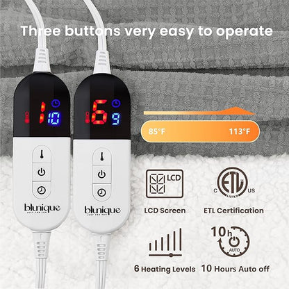 Heated Blanket Electric Blanket King Waffle,90x100 Inches Sherpa Fleece Fast Heating Blanket 6 Heating Levels & 10 Hours Auto Off ETL Certification, Grey King