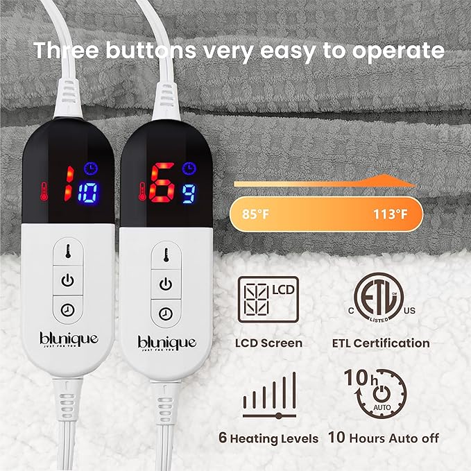 Heated Blanket Electric Blanket Queen Waffle,84x90 Inches Sherpa Fleece Fast Heating Blanket 6 Heating Levels & 10 Hours Auto Off ETL Certification, Grey Queen