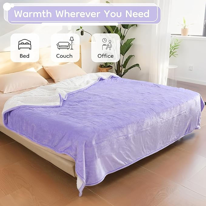 Electric Heated Blanket King Size - 90"x100", Soft Flannel Heating Blanket, 10 Heating Levels, 1-12 H Auto Shut Off, Breathable Warm and Washable for Bed, Light Purple