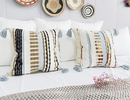 Boho Throw Pillow Covers 16x16 Aesthetic Neutral Boucle Couch Pillow Cover Rainbow Striped Decorative Accent Pillow Case for Couch Bed Sofa Farmhouse Bedroom,Modern Funky,Set of 2 Khaki