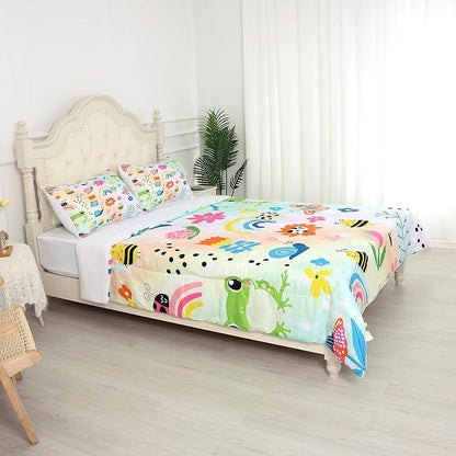 Rainbow Comforter Sets Twin Size Cartoon Floral Frogs Bedding Set for Girls Kids Children Boys Butterfly Flowers Bees Insects Cute Kawaii Quilt 1 Comforter + 1 Pillow Case