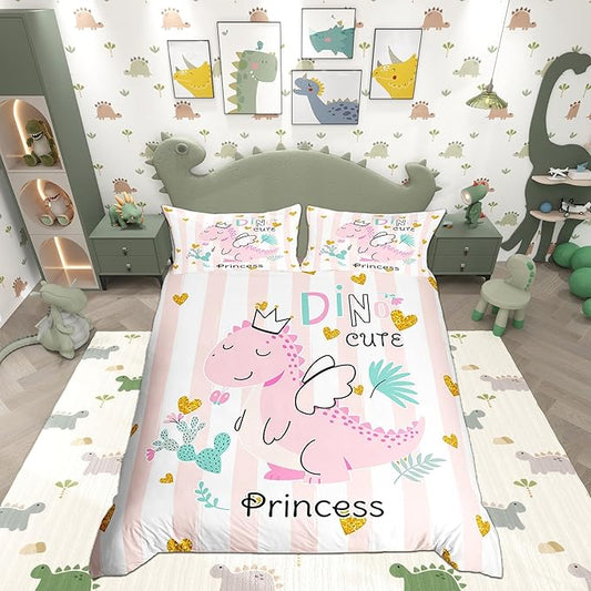 Castle Fairy Pink Dino Bedding Set King Size for Woman Men,Kawaii Cute Dinosaur Princess Comforter Cover with 2 Pillowcases,Cartoon Animal Girly Heart Stripes Duvet Cover Set Microfiber Quilt Cover