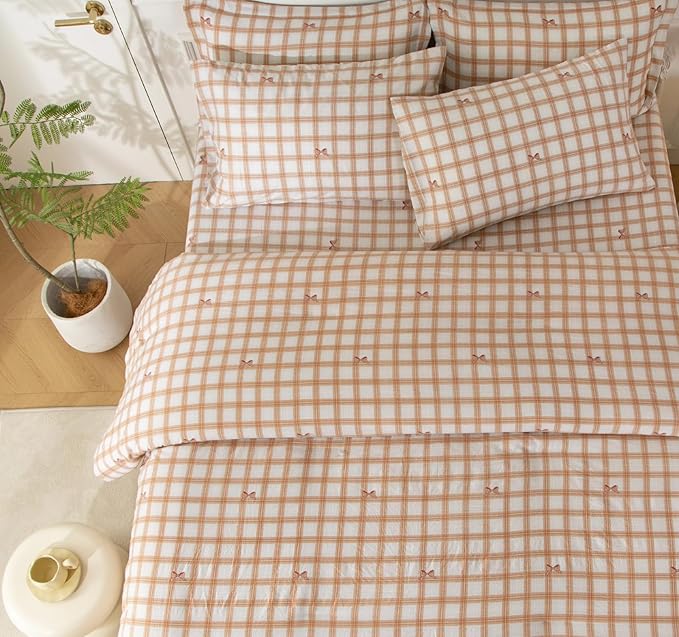 SDY 7PCS Brown Gingham Bow Bedding Set Queen，Soft Washed Microfiber Plaid Comforter Set and Checkered Sheets for Kids, Toddler, Girls, Boys，Cozy Brown Gingham Comforter