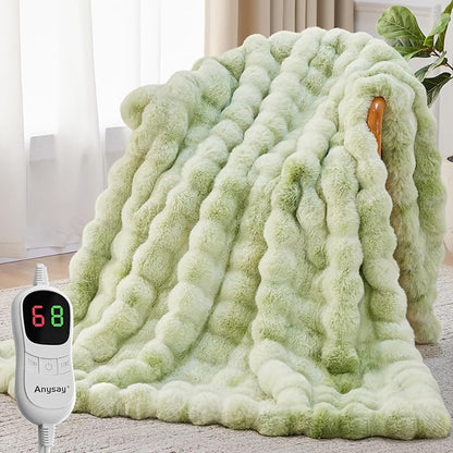 Heated Blanket Throw with 1/2/4/6/8 Hours Auto-Off 10 Heat Level, 50'' * 60'' Cozy Faux Rabbit Fur Bubble Electric Blanket with Overheat Protection(Tie-Dye Green)