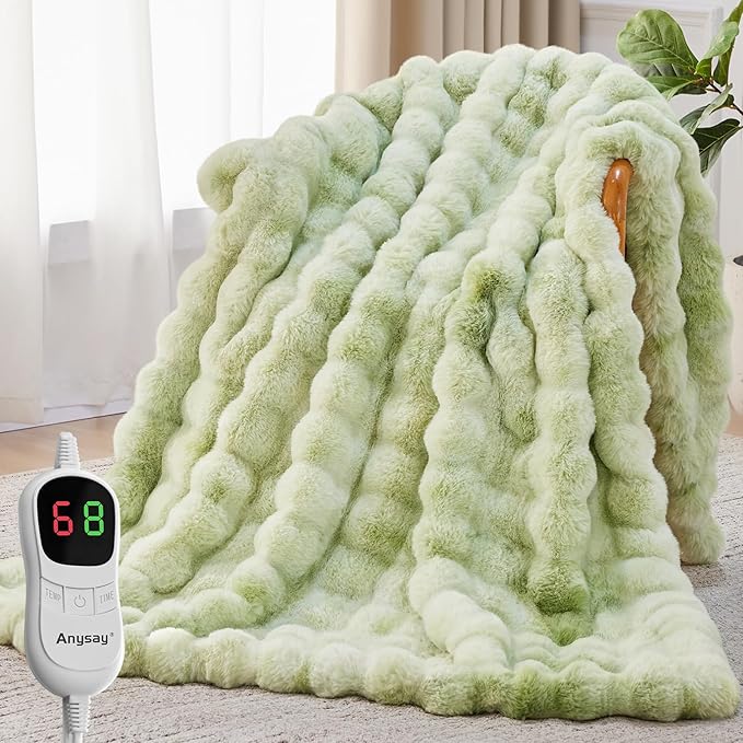 Heated Blanket Throw with 1/2/4/6/8 Hours Auto-Off 10 Heat Level, 62'' * 84'' Cozy Faux Rabbit Fur Bubble Electric Blanket with Overheat Protection(Tie-Dye Green)