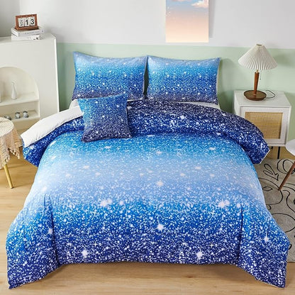 RYNGHIPY 6Pcs Gradient Aqua Blue Navy Ombre Comforter Sets with Sheets Pillowcases, Full Size Sparkle Glitter Design Comforter Bedding Collections for Kids Boys and Girls