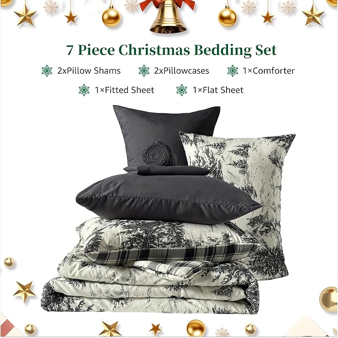 MaiRêve Christmas Queen Comforter Set, Grey Reindeer Tree Bed Set for Holiday, Reversible Gray Plaid Comforter Bed in a Bag, Soft Bedding Set 7 Pieces with Sheets, Pillowcases & Shams