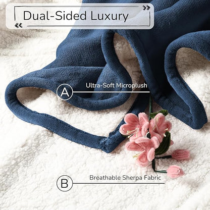 Electric Heated Blanket King Size 90"x100" - Dual-Sided with Microplush & Sherpa Fabric, 4 Heat Settings & 10 Hours Auto Off, Dual Controller, Machine Washable - Dark Blue