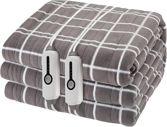 Electric Heated Blanket Queen Size 84"x90", 4 Heating Levels & 10H Auto Shut Off, Dual-Control, Soft Fleece, Machine Washable, Light Gray Plaid