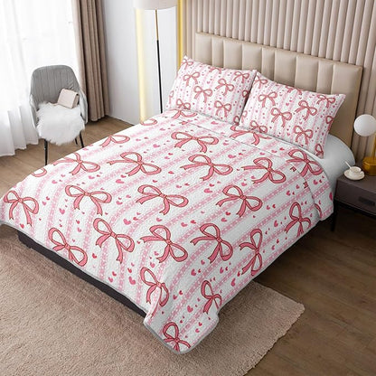 QOOMO Bow Quilt Set King Size,Bowknot Bedspread Coverlet Set,Pink 3Pcs Bedding Set Printed Quilt with 2 Pillowcases,Soft and Lightweight,for All Seasons
