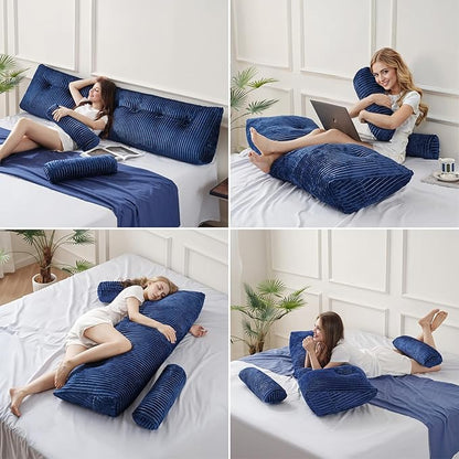 Z-hom Queen Wedge Headboard Pillow with 2 Roll Cushions, Large Reading Pillow for Bed Sitting Up, Triangular Backrest Cushion for Headboard, Ergonomic Support Pillow for Back Pain Relief, Blue