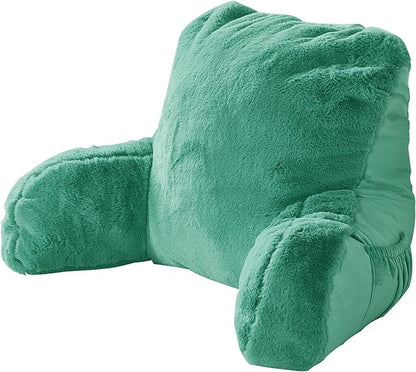 Plush Faux Fur Backrest Reading Bed Rest Pillow with Arms and Pockets for Sitting in Bed Couch Sofa, Back Support Wedge Cushion with Removable Cover, 20" x 18" x 17", Bluish Green