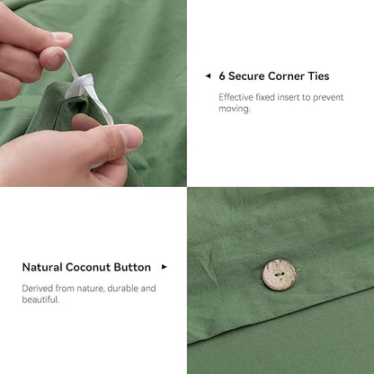 JELLYMONI Cotton Duvet Cover Super Queen Size - Green Comforter Cover with Button 100% Washed Cotton 3PCS Breathable Soft Solid Bedding Set Duvet Cover 98×90in & 2 Pillowcases (NO Comforter)