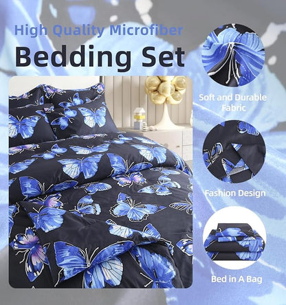 SDY 7PCS Butterfly Bedding Set Queen Butterfly Comforter Set and Bed Sheets Bed in A Bag for Toddler,Girls Boys and Kids, with 1Comforter, 1FlatSheet, 1Fitted Sheet,Pillowcases & Shams