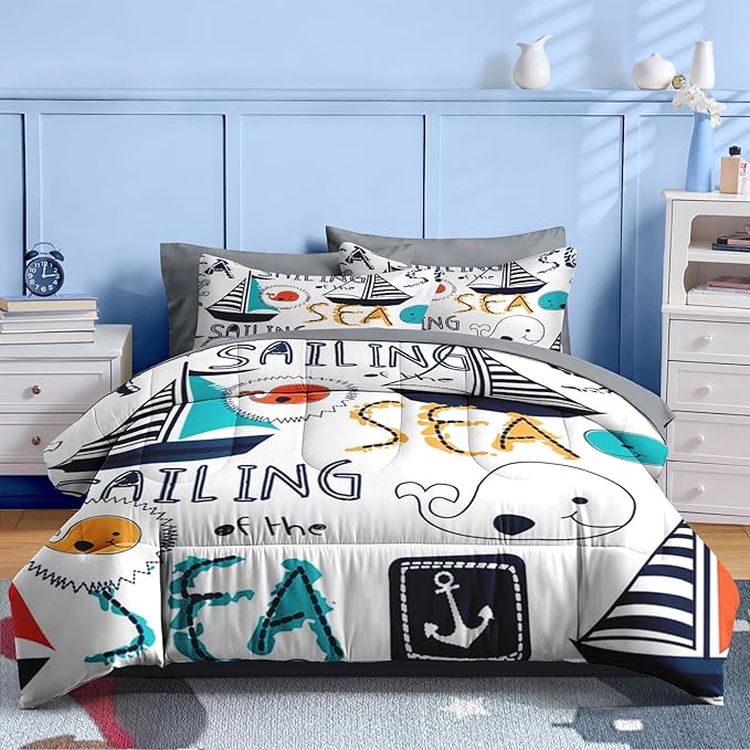 Nesker 5 Pcs Comforter Set Twin Size, Cute Nautical Sailboat Boat Bedding for Kids Teen, Sea Whale Bed Sheet with Pillowcase & Sham