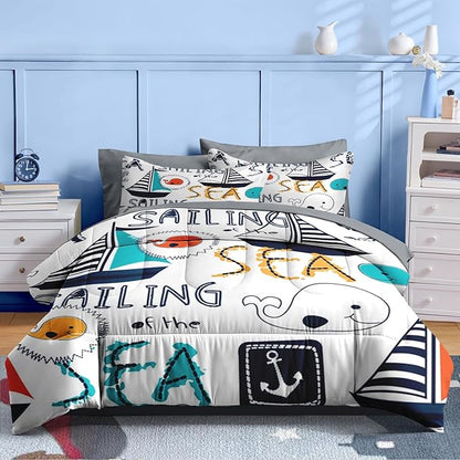 Nesker 7 Pcs Comforter Set Full Size, Cute Nautical Sailboat Boat Bedding for Kids Teen, Sea Whale with Fitted Sheet 2 Pillowcases & 2 Shams for Bedroom Bed Decor