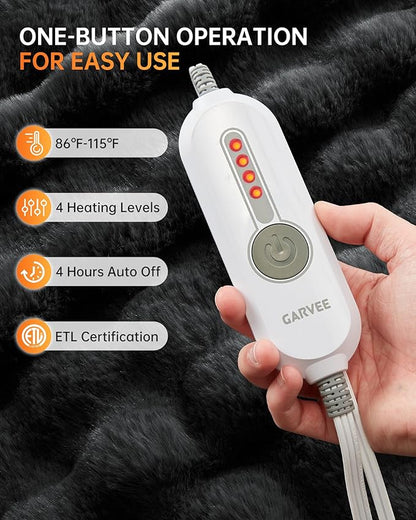 GarveeHome Heated Blanket Throw, Faux Fur Electric Throw with 4 Heat Settings, Soft Bubble Blanket with 4 Hours Auto-Off & Overheat Protection, for Gifts Home Couch or Bed, Dark Grey