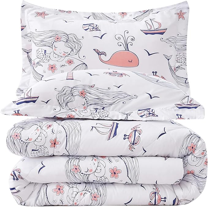 JSD Mermaid Comforter Set Queen Size, 3 Piece Girls Ocean Theme Printed Comforter with Pillow Shams Machine Washable