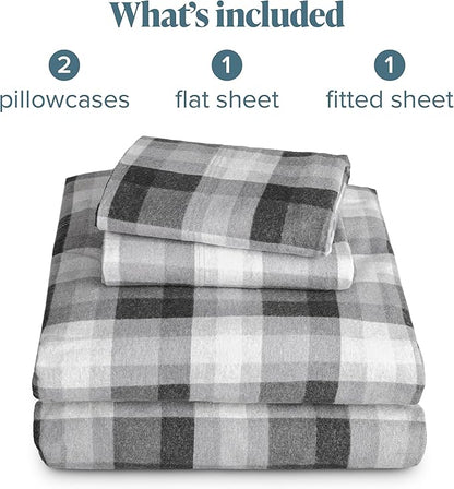 Bare Home Flannel Sheet Set Prints, 100% Cotton, Velvety Soft Heavyweight - Double Brushed for Softness & Comfort - Deep Pocket - Bed Sheets (Cal King, Oliver Plaid - Grey)