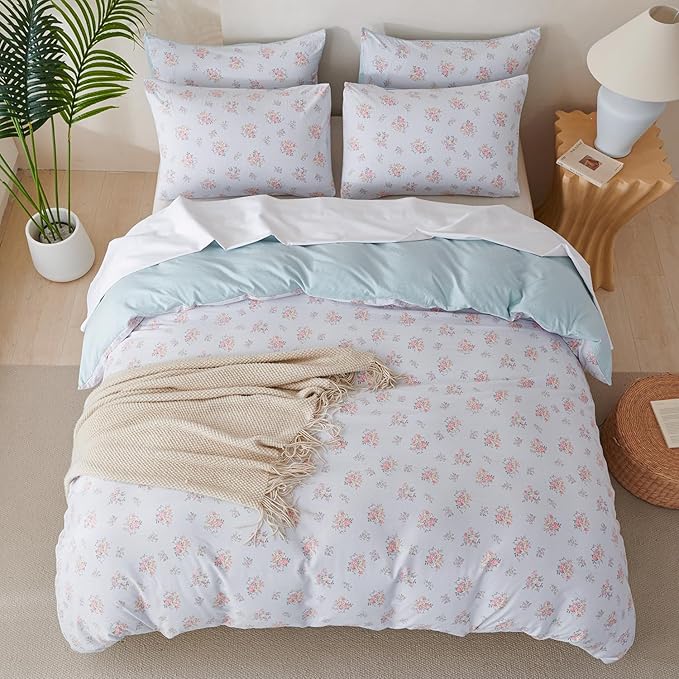 Jane yre Queen Duvet Cover Floral Soft Brushed Microfiber Crinkle Gauze Fabric 3 Pieces Floral Bedding Set for All-Season Garden Duvet Cover with Zipper Closure, Luxury Breathable Comfy