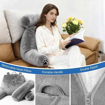 Reading Pillow Plus, Crystal Velvet Back Pillow Bed Sitting Up for Adult & Children, Back Rest Pillow Support for Reading & Rest Bed, Add Height and Removable Pillows Design, for Xmas Gift, Grey