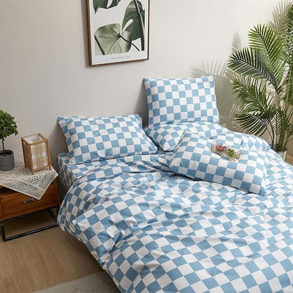 Wellboo Blue White Plaid Comforter Sets Queen Women Men Light Blue and White Checkerboard Grid Bedding Comforters Cotton Boys Girls Modern Dusty Blue Checkered Geometric Quilts Luxury Sky Blue Bed