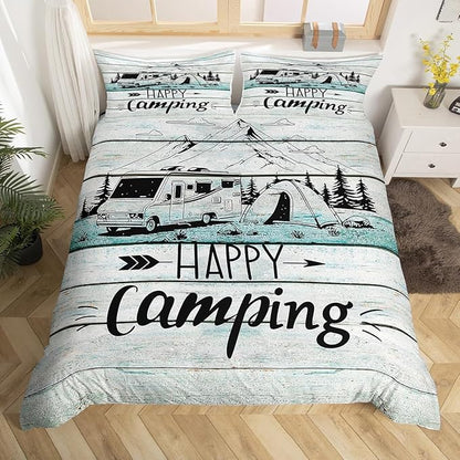 Castle Fairy RV Happy Camping Duvet Cover Queen for Children,Natural Mountain Pine Tree Bedding Set Room Decor Gift Comforter Cover,Farmhouse Rustic Camper Quilt Cover with 2 Pillowcases, 3pcs Soft