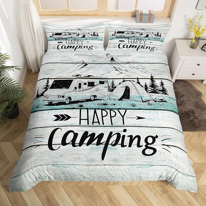RV Happy Camping Bedding Set Twin Size,Natural Mountain Pine Tree Duvet Cover for Kids Boys Bed Comforter Cover Set,Farmhouse Rustic Camper Bedding Quilt Cover Set Decorative 2 Pieces