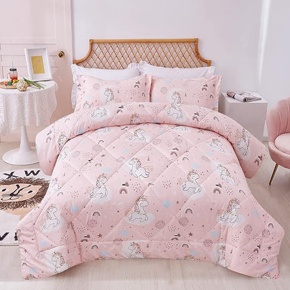 JSD Pink Unicorn Kids Comforter Set Full Size, 3 Piece Girls Rainbow Microfiber Comforter with Pillow Shams, Lightweight All Season Washable