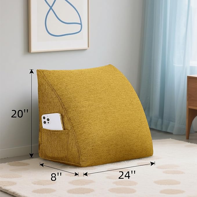 Wedge Headboard Reading Pillow for Bed Linen Triangular Backrest Bolster Pillow for Sitting Up Daybed Cushion Lumbar Body Support Positioning for Headboard, Couch, Dorm, Yellow